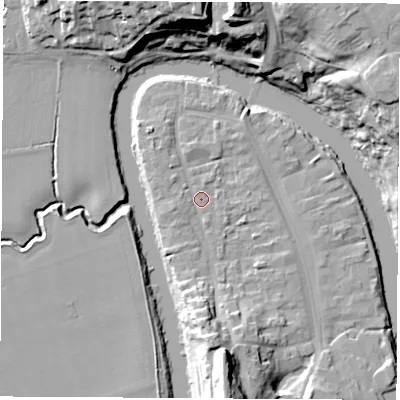 Shaded relief map of the ground around TS159BU, computed from Environment Agency LiDAR. The ground here sits at about 6 m above sea level and falls 27 m across the surrounding 800 m. Surface water reaching this point runs off ground lying to the south, 18.2 m higher.