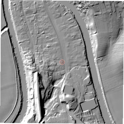 Shaded relief map of the ground around TS159BW, computed from Environment Agency LiDAR. The ground here sits at about 7 m above sea level and falls 25 m across the surrounding 800 m. Surface water reaching this point runs off ground lying to the south-south-west, 20.3 m higher.