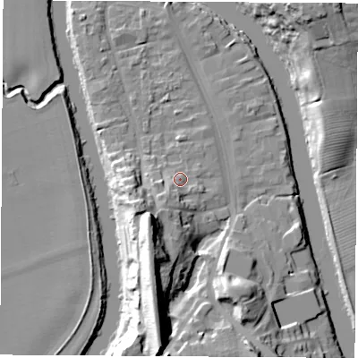 Shaded relief map of the ground around TS159BX, computed from Environment Agency LiDAR. The ground here sits at about 8 m above sea level and falls 25 m across the surrounding 800 m. Surface water reaching this point runs off ground lying to the south-south-west, 6.0 m higher.