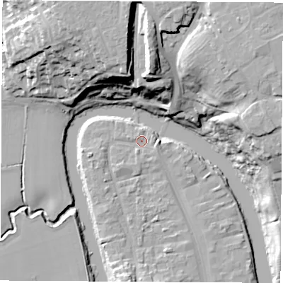 Shaded relief map of the ground around TS159BY, computed from Environment Agency LiDAR. The ground here sits at about 6 m above sea level and falls 28 m across the surrounding 800 m. Surface water reaching this point runs off ground lying to the east-south-east, 1.5 m higher.
