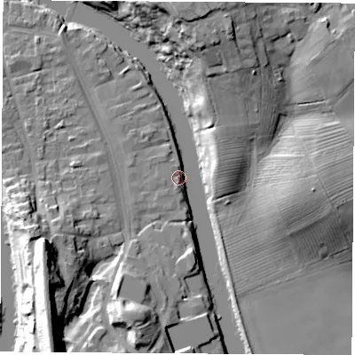 Shaded relief map of the ground around TS159DE, computed from Environment Agency LiDAR. The ground here sits at about 6 m above sea level and falls 27 m across the surrounding 800 m. Surface water reaching this point runs off ground lying to the south-west, 23.1 m higher.