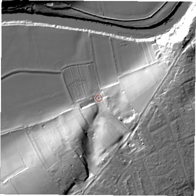 Shaded relief map of the ground around TS159ED, computed from Environment Agency LiDAR. The ground here sits at about 9 m above sea level and falls 31 m across the surrounding 800 m. Surface water reaching this point runs off ground lying to the south-south-east, 24.8 m higher.