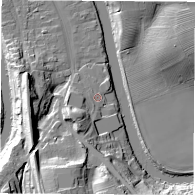 Shaded relief map of the ground around TS159EJ, computed from Environment Agency LiDAR. The ground here sits at about 7 m above sea level and falls 29 m across the surrounding 800 m. Surface water reaching this point runs off ground lying to the south-west, 11.8 m higher.