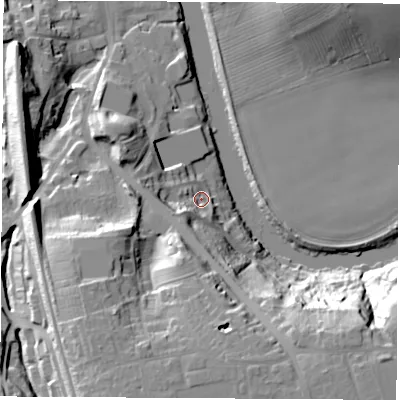 Shaded relief map of the ground around TS159EP, computed from Environment Agency LiDAR. The ground here sits at about 9 m above sea level and falls 32 m across the surrounding 800 m. Surface water reaching this point runs off ground lying to the south-south-west, 12.1 m higher.