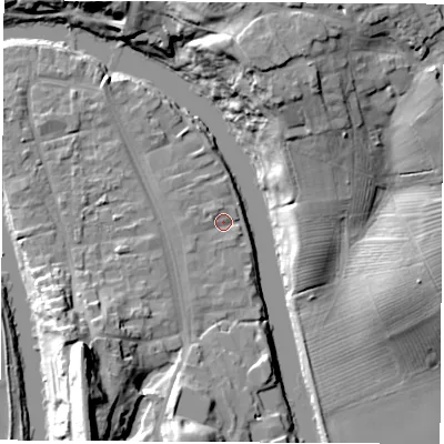 Shaded relief map of the ground around TS159FF, computed from Environment Agency LiDAR. The ground here sits at about 6 m above sea level and falls 27 m across the surrounding 800 m. Surface water reaching this point runs off ground lying to the south-west, 1.7 m higher.
