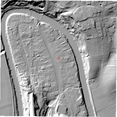 Shaded relief map of the ground around TS159FG, computed from Environment Agency LiDAR. The ground here sits at about 7 m above sea level and falls 27 m across the surrounding 800 m. The ground contributing surface water to this point lies to the east.