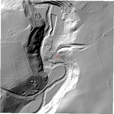 Shaded relief map of the ground around TS159JN, computed from Environment Agency LiDAR. The ground here sits at about 7 m above sea level and falls 36 m across the surrounding 800 m. Surface water reaching this point runs off ground lying to the east-south-east, 28.9 m higher.