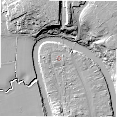 Shaded relief map of the ground around TS159NY, computed from Environment Agency LiDAR. The ground here sits at about 6 m above sea level and falls 28 m across the surrounding 800 m. Surface water reaching this point runs off ground lying to the east-north-east, 1.2 m higher.