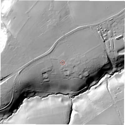 Shaded relief map of the ground around TS159PG, computed from Environment Agency LiDAR. The ground here sits at about 34 m above sea level and falls 32 m across the surrounding 800 m. Surface water reaching this point runs off ground lying to the east, 1.8 m higher.