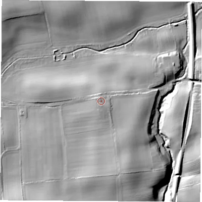 Shaded relief map of the ground around TS159PY, computed from Environment Agency LiDAR. The ground here sits at about 47 m above sea level and falls 19 m across the surrounding 800 m. Surface water reaching this point runs off ground lying to the south, 2.3 m higher.