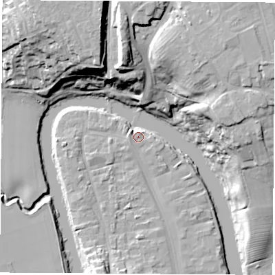 Shaded relief map of the ground around TS159QG, computed from Environment Agency LiDAR. The ground here sits at about 7 m above sea level and falls 28 m across the surrounding 800 m. Surface water reaching this point runs off ground lying to the west, 1.7 m higher.