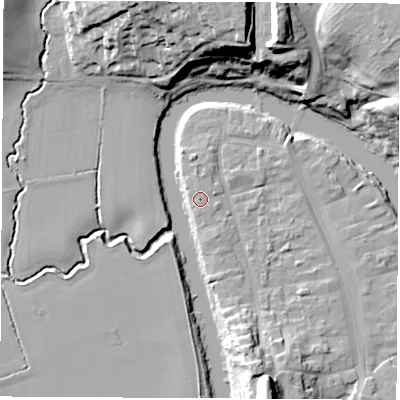 Shaded relief map of the ground around TS159QT, computed from Environment Agency LiDAR. The ground here sits at about 7 m above sea level and falls 27 m across the surrounding 800 m. Surface water reaching this point runs off ground lying to the east-north-east, 0.9 m higher.