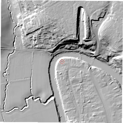 Shaded relief map of the ground around TS159QX, computed from Environment Agency LiDAR. The ground here sits at about 6 m above sea level and falls 28 m across the surrounding 800 m. Surface water reaching this point runs off ground lying to the north-north-east, 27.9 m higher.