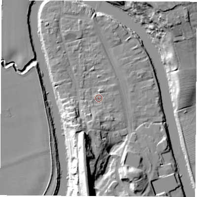Shaded relief map of the ground around TS159QY, computed from Environment Agency LiDAR. The ground here sits at about 7 m above sea level and falls 27 m across the surrounding 800 m. Surface water reaching this point runs off ground lying to the south-south-west, 17.4 m higher.