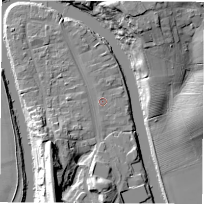 Shaded relief map of the ground around TS159QZ, computed from Environment Agency LiDAR. The ground here sits at about 6 m above sea level and falls 27 m across the surrounding 800 m. Surface water reaching this point runs off ground lying to the south-east, 0.5 m higher.