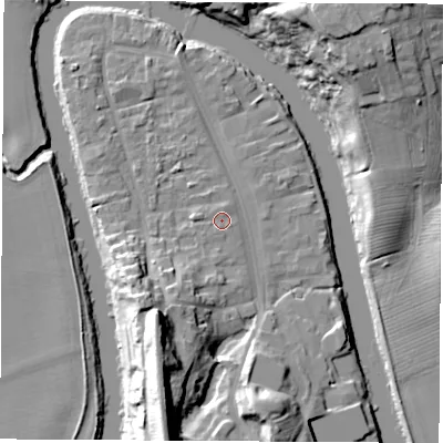 Shaded relief map of the ground around TS159SF, computed from Environment Agency LiDAR. The ground here sits at about 7 m above sea level and falls 27 m across the surrounding 800 m. Surface water reaching this point runs off ground lying to the west, 1.1 m higher.