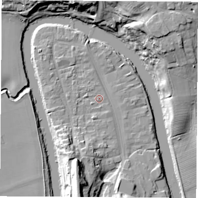 Shaded relief map of the ground around TS159SG, computed from Environment Agency LiDAR. The ground here sits at about 6 m above sea level and falls 27 m across the surrounding 800 m. Surface water reaching this point runs off ground lying to the west-north-west, 1.5 m higher.