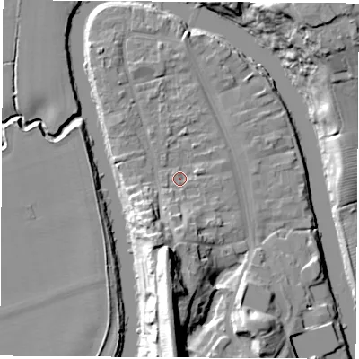 Shaded relief map of the ground around TS159SH, computed from Environment Agency LiDAR. The ground here sits at about 6 m above sea level and falls 27 m across the surrounding 800 m. Surface water reaching this point runs off ground lying to the east-north-east, 2.0 m higher.