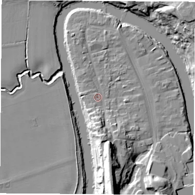 Shaded relief map of the ground around TS159SQ, computed from Environment Agency LiDAR. The ground here sits at about 6 m above sea level and falls 27 m across the surrounding 800 m. Surface water reaching this point runs off ground lying to the south-south-east, 18.2 m higher.