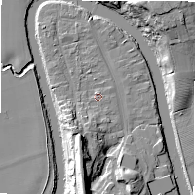 Shaded relief map of the ground around TS159TH, computed from Environment Agency LiDAR. The ground here sits at about 7 m above sea level and falls 27 m across the surrounding 800 m. Surface water reaching this point runs off ground lying to the south-south-west, 17.4 m higher.