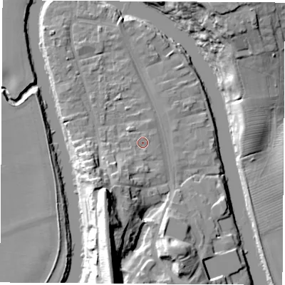 Shaded relief map of the ground around TS159US, computed from Environment Agency LiDAR. The ground here sits at about 7 m above sea level and falls 26 m across the surrounding 800 m. Surface water reaching this point runs off ground lying to the south-west, 6.6 m higher.