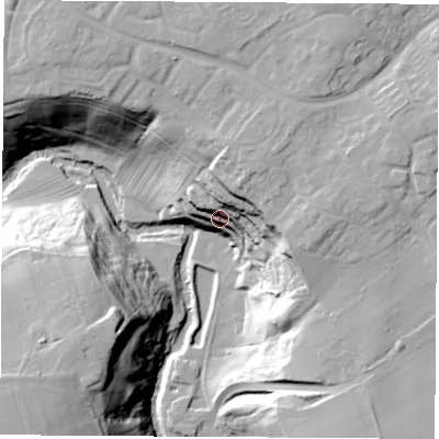 Shaded relief map of the ground around TS159WJ, computed from Environment Agency LiDAR. The ground here sits at about 17 m above sea level and falls 36 m across the surrounding 800 m. Surface water reaching this point runs off ground lying to the north-north-east, 24.3 m higher.