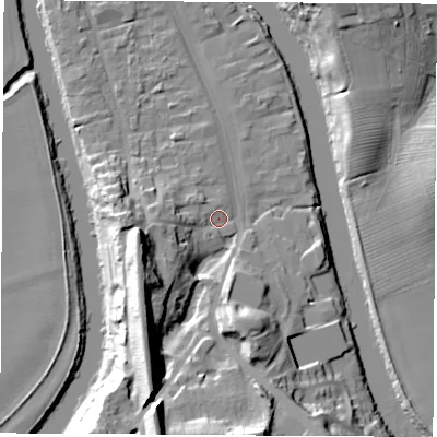 Shaded relief map of the ground around TS159WL, computed from Environment Agency LiDAR. The ground here sits at about 7 m above sea level and falls 25 m across the surrounding 800 m. Surface water reaching this point runs off ground lying to the south-west, 18.4 m higher.