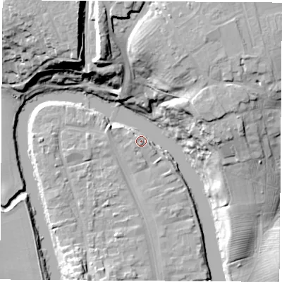 Shaded relief map of the ground around TS159XJ, computed from Environment Agency LiDAR. The ground here sits at about 7 m above sea level and falls 28 m across the surrounding 800 m. Surface water reaching this point runs off ground lying to the west-north-west, 5.5 m higher.