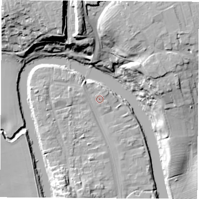 Shaded relief map of the ground around TS159XL, computed from Environment Agency LiDAR. The ground here sits at about 7 m above sea level and falls 28 m across the surrounding 800 m. Surface water reaching this point runs off ground lying to the north-west, 0.7 m higher.