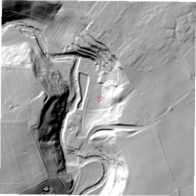 Shaded relief map of the ground around TS159ZD, computed from Environment Agency LiDAR. The ground here sits at about 7 m above sea level and falls 36 m across the surrounding 800 m. Surface water reaching this point runs off ground lying to the east, 21.4 m higher.