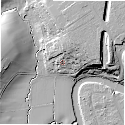 Shaded relief map of the ground around TS160GY, computed from Environment Agency LiDAR. The ground here sits at about 16 m above sea level and falls 28 m across the surrounding 800 m. Surface water reaching this point runs off ground lying to the north-north-east, 15.5 m higher.