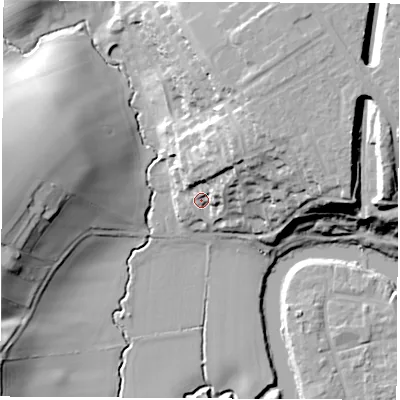 Shaded relief map of the ground around TS160GZ, computed from Environment Agency LiDAR. The ground here sits at about 11 m above sea level and falls 28 m across the surrounding 800 m. Surface water reaching this point runs off ground lying to the north-east, 13.2 m higher.