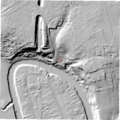 Shaded relief map of the ground around TS160JF, computed from Environment Agency LiDAR. The ground here sits at about 12 m above sea level and falls 28 m across the surrounding 800 m. Surface water reaching this point runs off ground lying to the north-east, 19.8 m higher.