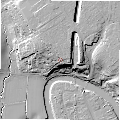 Shaded relief map of the ground around TS160JJ, computed from Environment Agency LiDAR. The ground here sits at about 26 m above sea level and falls 28 m across the surrounding 800 m. Surface water reaching this point runs off ground lying to the north-north-east, 7.6 m higher.