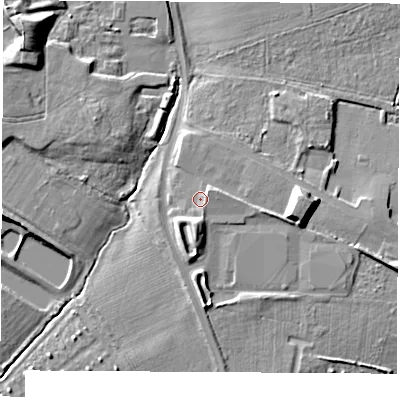 Shaded relief map of the ground around TS160PS, computed from Environment Agency LiDAR. The ground here sits at about 27 m above sea level and falls 11 m across the surrounding 800 m. Surface water reaching this point runs off ground lying to the south, 3.5 m higher.