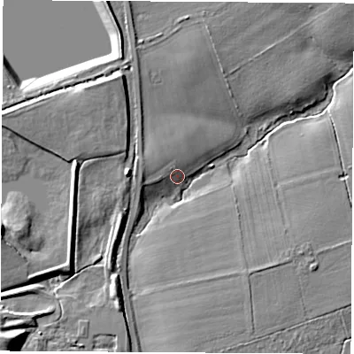 Shaded relief map of the ground around TS160PY, computed from Environment Agency LiDAR. The ground here sits at about 21 m above sea level and falls 15 m across the surrounding 800 m. Surface water reaching this point runs off ground lying to the west-north-west, 3.0 m higher.