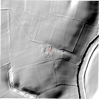 Shaded relief map of the ground around TS160QP, computed from Environment Agency LiDAR. The ground here sits at about 33 m above sea level and falls 33 m across the surrounding 800 m. Surface water reaching this point runs off ground lying to the west, 3.3 m higher.