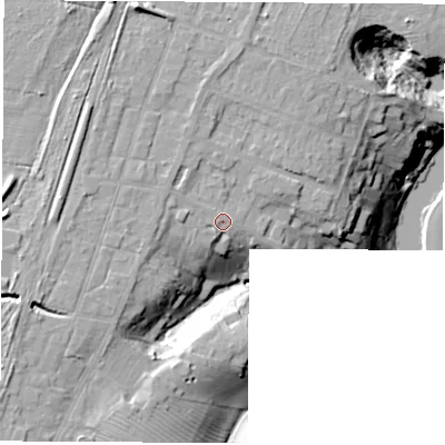 Shaded relief map of the ground around TS169AS, computed from Environment Agency LiDAR. The ground here sits at about 23 m above sea level and falls 25 m across the surrounding 800 m. Surface water reaching this point runs off ground lying to the west, 2.9 m higher.