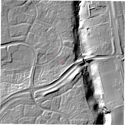 Shaded relief map of the ground around TS170RX, computed from Environment Agency LiDAR. The ground here sits at about 24 m above sea level and falls 21 m across the surrounding 800 m. Surface water reaching this point runs off ground lying to the south, 3.3 m higher.