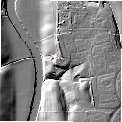 Shaded relief map of the ground around TS175AD, computed from Environment Agency LiDAR. The ground here sits at about 22 m above sea level and falls 27 m across the surrounding 800 m. Surface water reaching this point runs off ground lying to the east-north-east, 1.6 m higher.