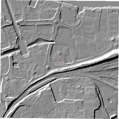 Shaded relief map of the ground around TS176AJ, computed from Environment Agency LiDAR. The ground here sits at about 5 m above sea level and falls 13 m across the surrounding 800 m. Surface water reaching this point runs off ground lying to the east, 10.5 m higher.