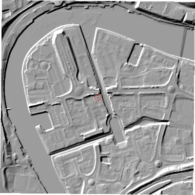Shaded relief map of the ground around TS176BA, computed from Environment Agency LiDAR. The ground here sits at about 5 m above sea level and falls 12 m across the surrounding 800 m. Surface water reaching this point runs off ground lying to the west-north-west, 4.1 m higher.