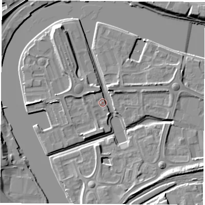 Shaded relief map of the ground around TS176BF, computed from Environment Agency LiDAR. The ground here sits at about 5 m above sea level and falls 10 m across the surrounding 800 m. Surface water reaching this point runs off ground lying to the north-west, 4.1 m higher.