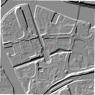 Shaded relief map of the ground around TS176BG, computed from Environment Agency LiDAR. The ground here sits at about 5 m above sea level and falls 10 m across the surrounding 800 m. Surface water reaching this point runs off ground lying to the north-east, 2.9 m higher.