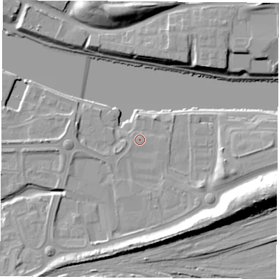 Shaded relief map of the ground around TS176BH, computed from Environment Agency LiDAR. The ground here sits at about 5 m above sea level and falls 18 m across the surrounding 800 m. Surface water reaching this point runs off ground lying to the south-east, 1.9 m higher.