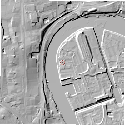 Shaded relief map of the ground around TS176BJ, computed from Environment Agency LiDAR. The ground here sits at about 5 m above sea level and falls 13 m across the surrounding 800 m. Surface water reaching this point runs off ground lying to the south-south-east, 0.9 m higher.