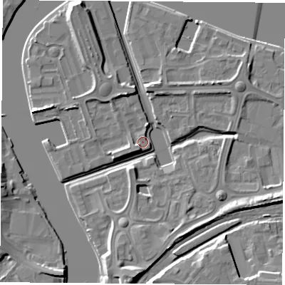 Shaded relief map of the ground around TS176BL, computed from Environment Agency LiDAR. The ground here sits at about 5 m above sea level and falls 11 m across the surrounding 800 m. Surface water reaching this point runs off ground lying to the south-west, 1.9 m higher.