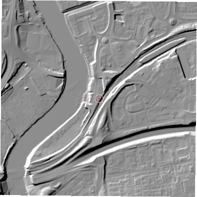 Shaded relief map of the ground around TS176BN, computed from Environment Agency LiDAR. The ground here sits at about 8 m above sea level and falls 13 m across the surrounding 800 m. Surface water reaching this point runs off ground lying to the south, 6.9 m higher.