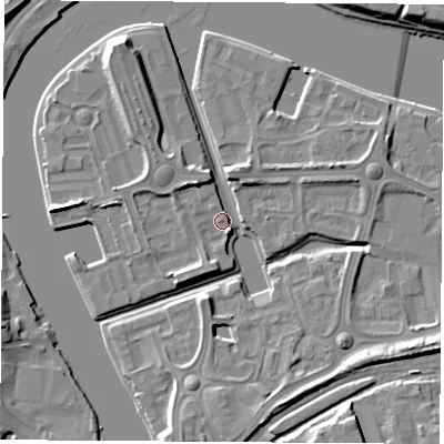 Shaded relief map of the ground around TS176BP, computed from Environment Agency LiDAR. The ground here sits at about 5 m above sea level and falls 10 m across the surrounding 800 m. Surface water reaching this point runs off ground lying to the north-west, 4.1 m higher.