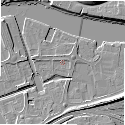 Shaded relief map of the ground around TS176BQ, computed from Environment Agency LiDAR. The ground here sits at about 5 m above sea level and falls 14 m across the surrounding 800 m. Surface water reaching this point runs off ground lying to the east-north-east, 2.3 m higher.